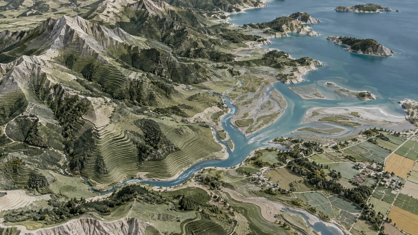 地形概念模型：山地等高线、河流与土地覆盖